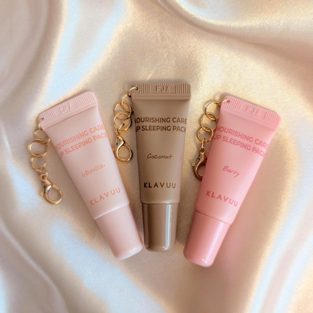 Skincare Charms — Klavuu lip sleeping packs in vanilla, coconut, and berry on gold keychain hardware